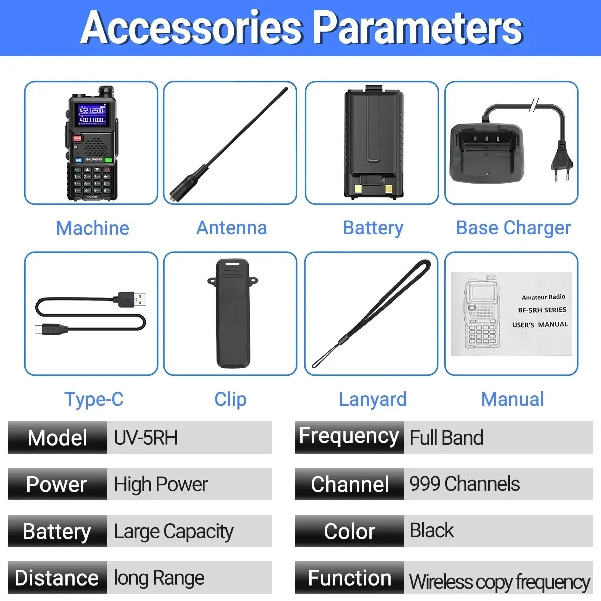 Baofeng-walkie-talkie de banda completa UV 5RH, frecuencia de copia inalámbrica, cargador tipo C, transceptor mejorado UV 5R, Radio bidireccional