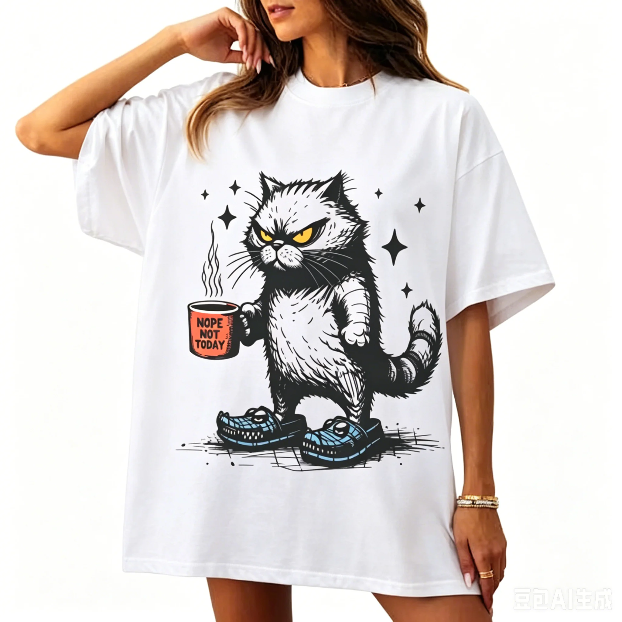 Nope Not Today T-Shirt Cat Mom Tshirt Cute Angry Cat Coffee T Shirt O Neck Short-sleeved Tops Cat Dad Breathable Man Cotton