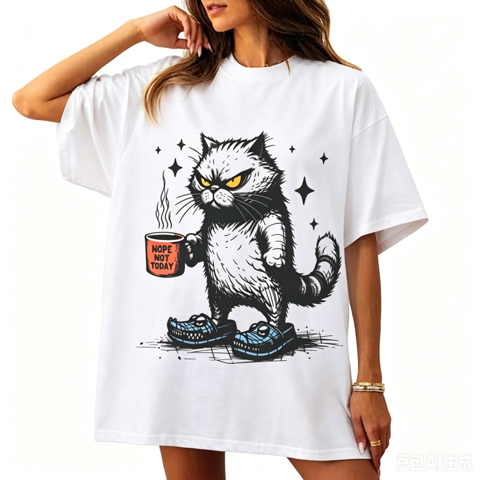  Nope Not Today T-Shirt Cat Mom Tshirt Cute Angry Cat Coffee T Shirt O Neck Short-sleeved Tops Cat Dad Breathable Man Cotton 