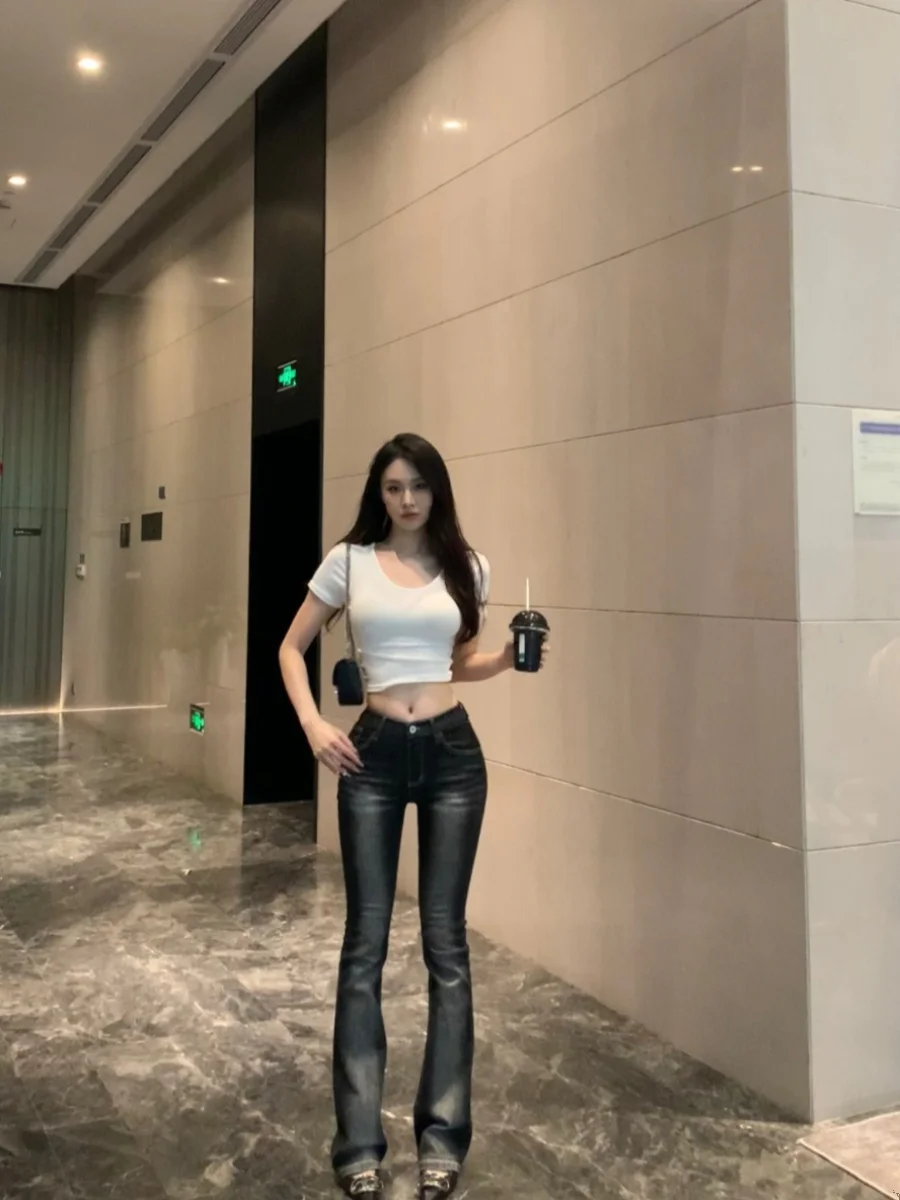 

Джинсы-клеш в американском ретро-стиле с низкой талией, утягивающие, женские, эластичные, универсальные, в пол, с высокой талией, из хлопка, стрейч