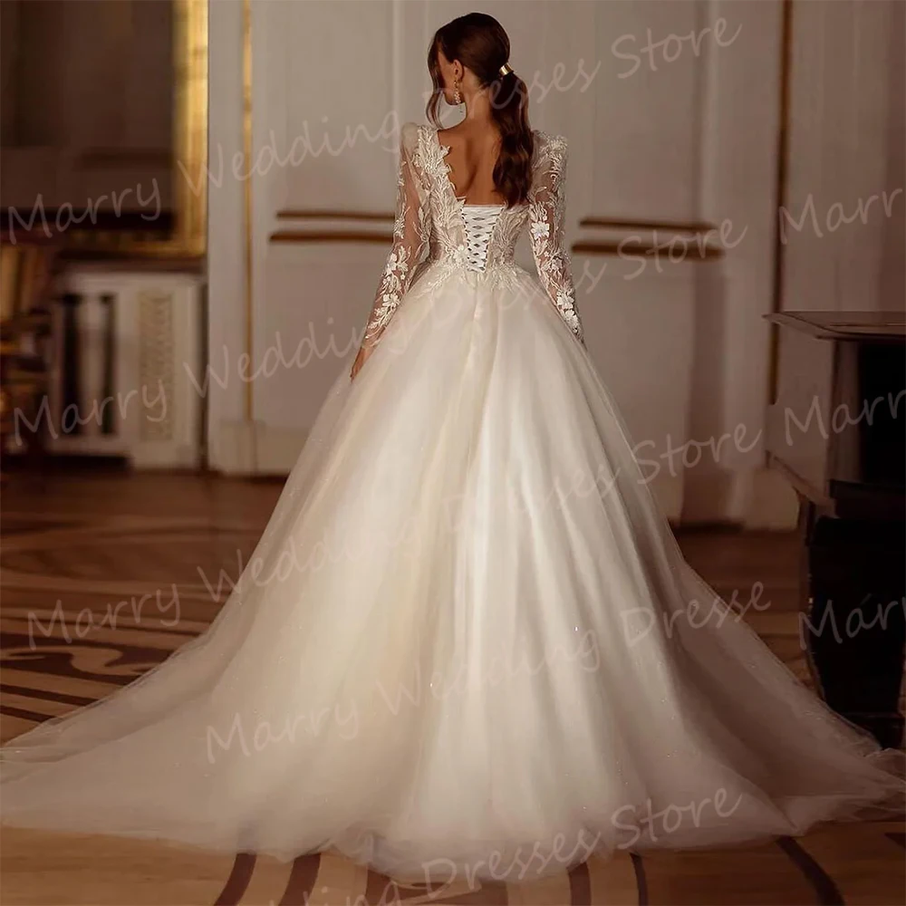 New Graceful A Line Women's Wedding Dresses Exquisite Lace Up Appliques Bride Gowns Generous Long Sleeve Princess Abiti Da Sposa