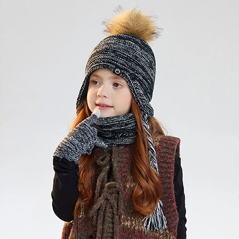 Fashion Warm Winter Hat Scarf Gloves Set Thicken Pompom Knitted Hats Windproof Soft Toddler Bonnet view 2