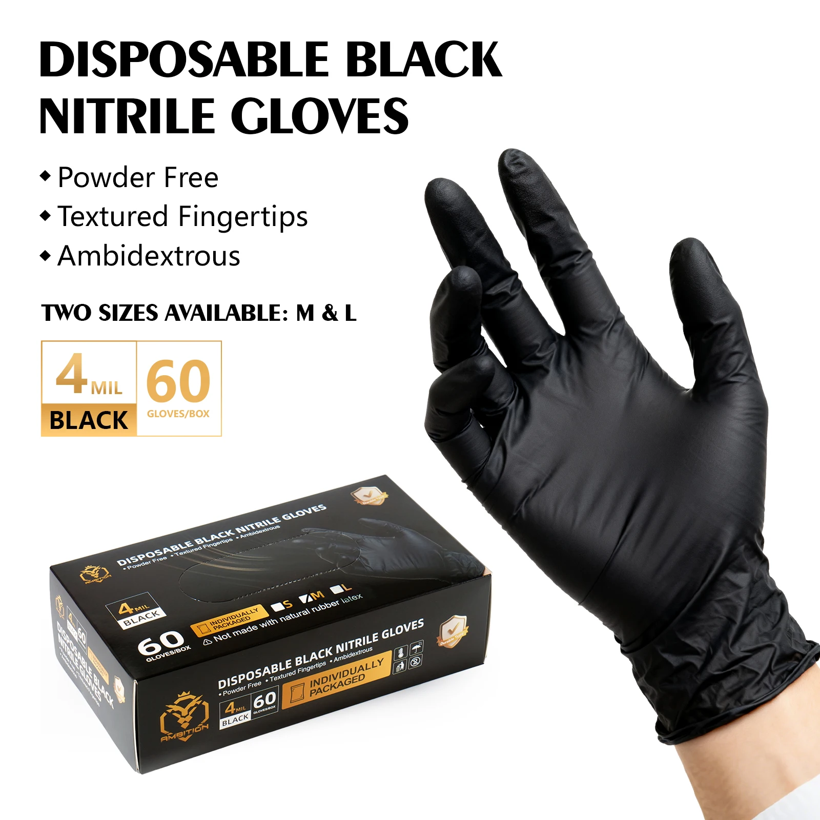 60PC Two Sizes M&L Black Nitrile Gloves Thickened 4mil Clean Disposable Gloves Tattoo Work Latex-Free Mechanic Tattoo Glove
