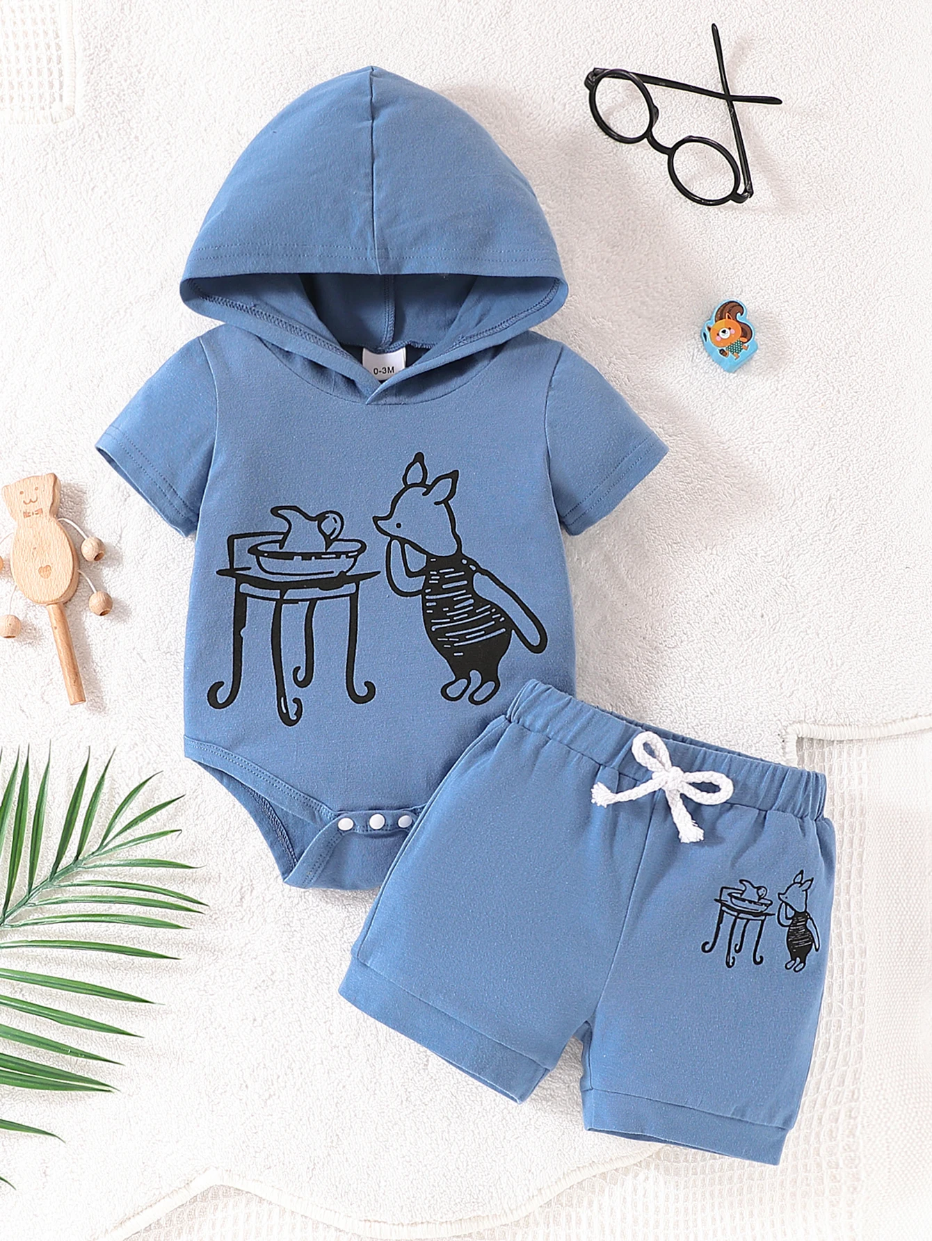 2pcs Summer Baby Boys Cartoon Pig Hooded Set, Cute Print Romper + Shorts, Cool Casual Style, Daily/Home/Photoshoot Wear, 0-12M