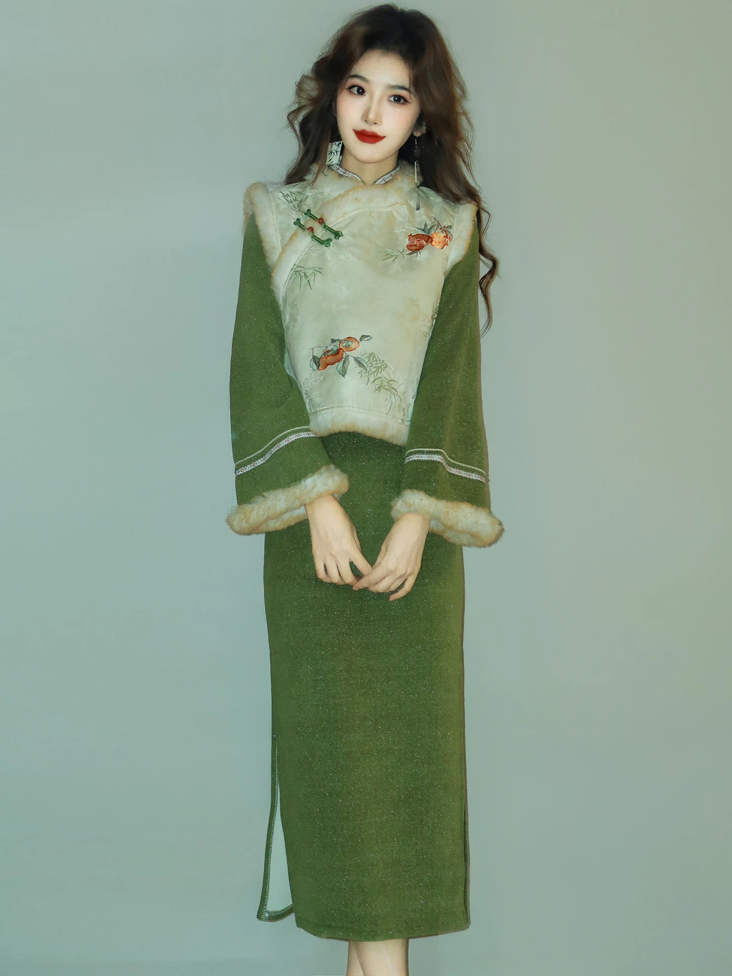 

een Winter Workwear Women's 2026 New Sle Glimmer Silk European Cotton Velvet Dr Ele Long Sve Midi Skirt