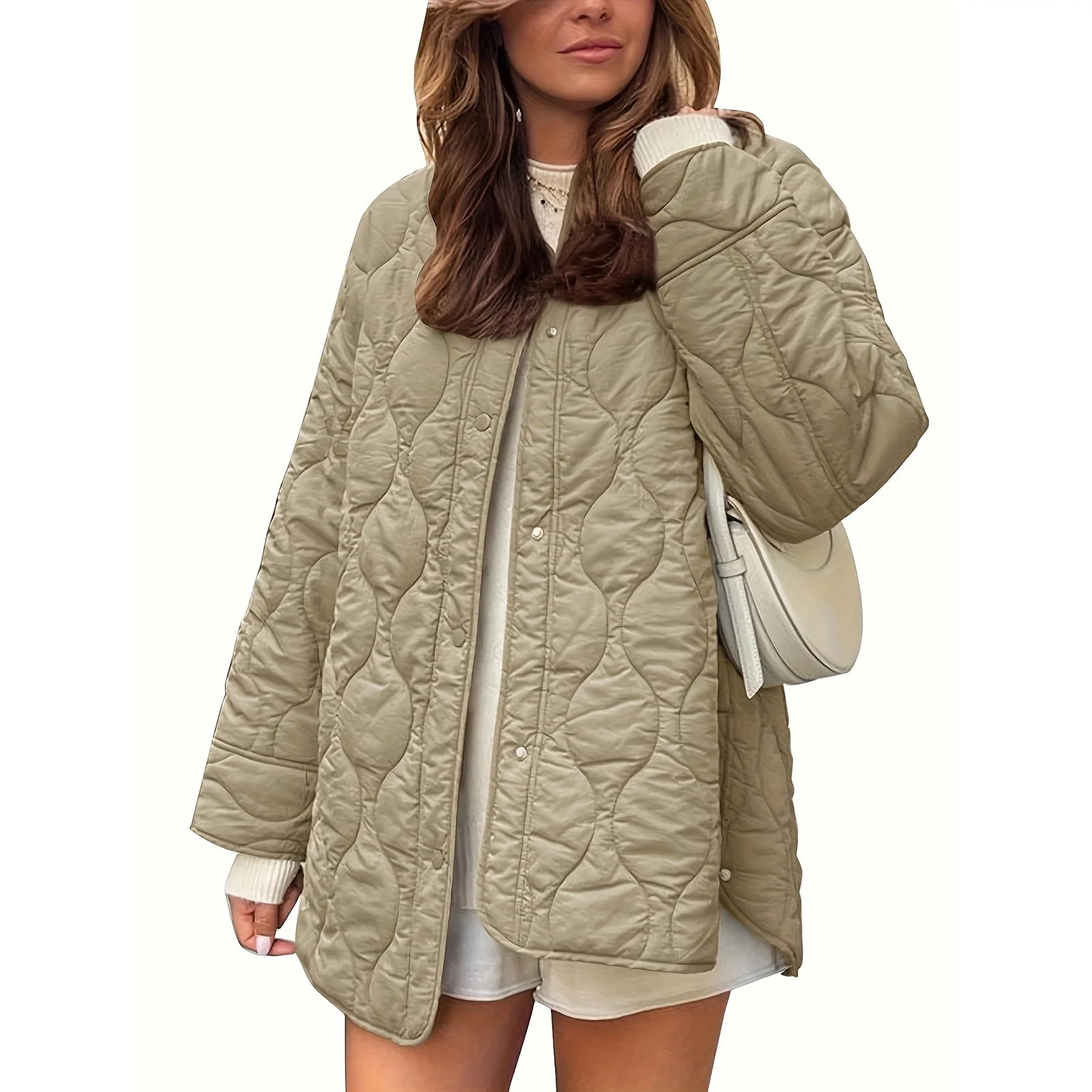 Winter New European and American Style Quilting Thread Decoration Simple Solid Color Round Neck Loose Cotton-padded Clothes