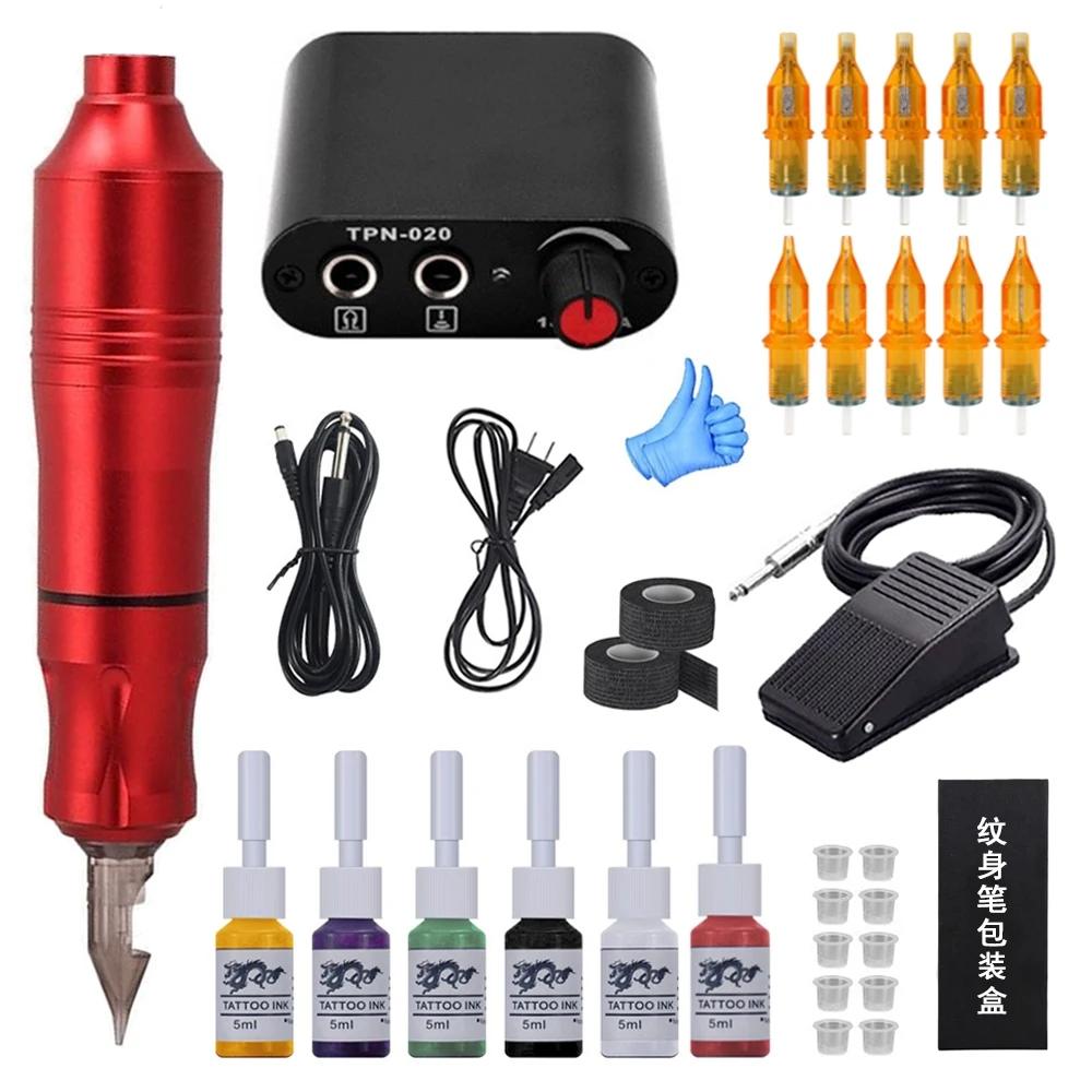 Mini Black Power Motor Tattoo Machine Complete Set with 6-Color Tattoo Ink Accessories Tattoo Embroidery Multifunctional Machine