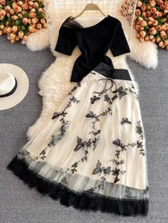 Summer Elegant Two Piece Sets Women Diagonal Neck Short Sleeve Shirt Vintage Butterfly Embroidered High Waist Mesh Skirt Suits