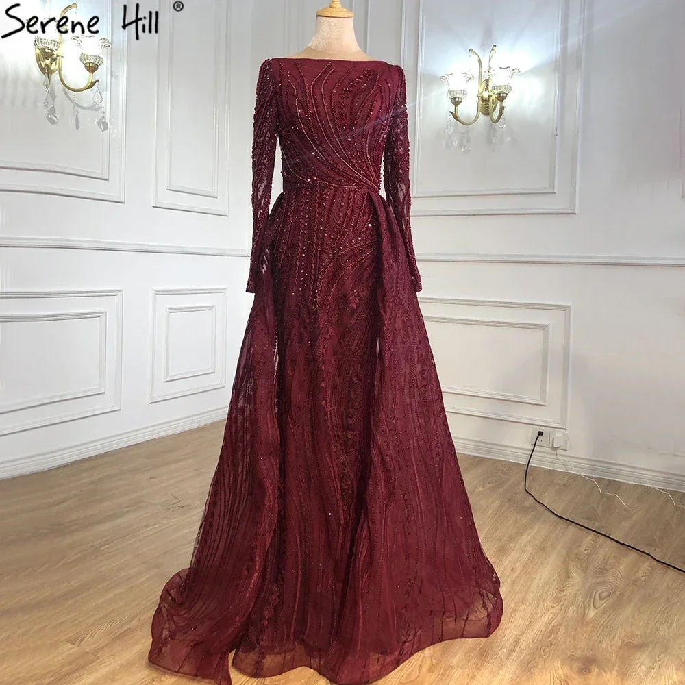 Serene Hill Wine Red Long Sleeves Overskirt Evening Dresses Beaded Party Gowns For Women Plus Size DLA70836 Customized