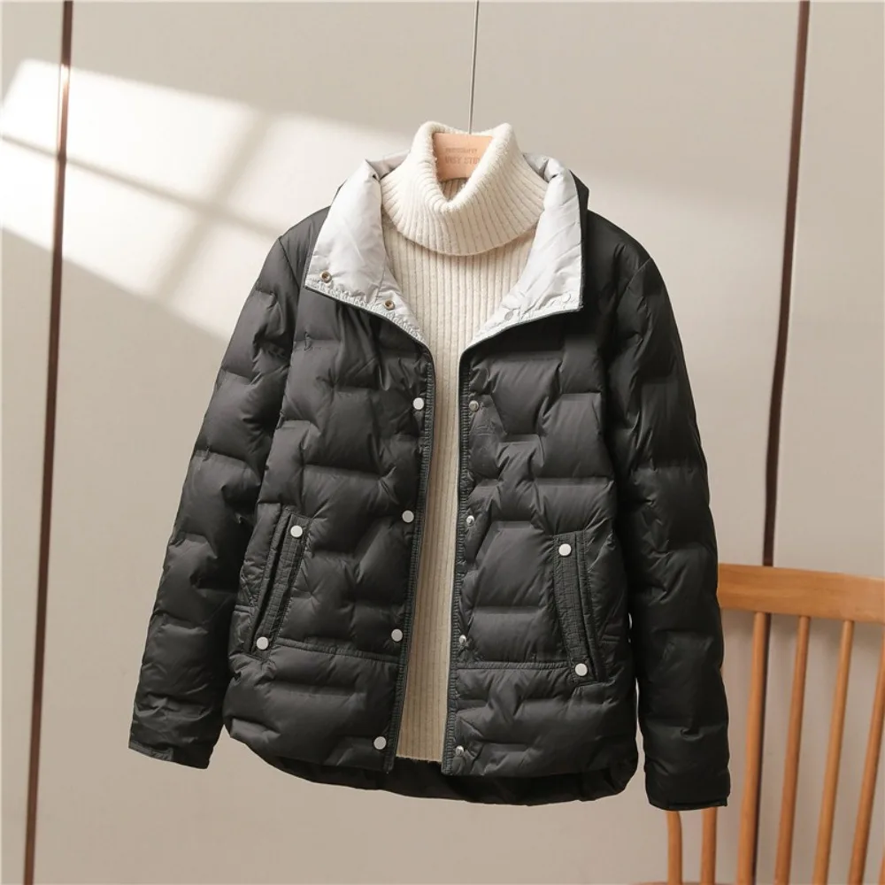 Frauen Herbst Winter Weiße Ente Unten Mantel Casual Revers Einreiher Jacke Mode Licht Puffer Parka Outwear