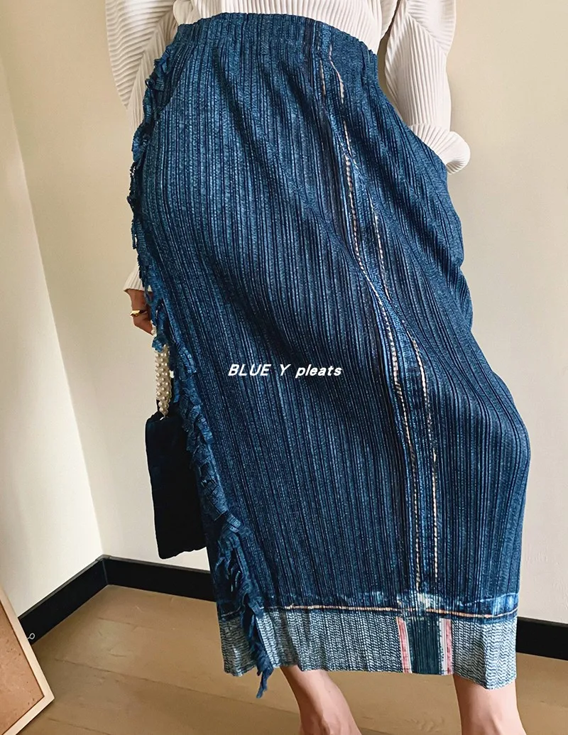 2023 Summer Miyake Pleated Imitation Denim Fringed Sides Distressed Vintage Midi High Skirt Korean Style  Aesthetic Clothes