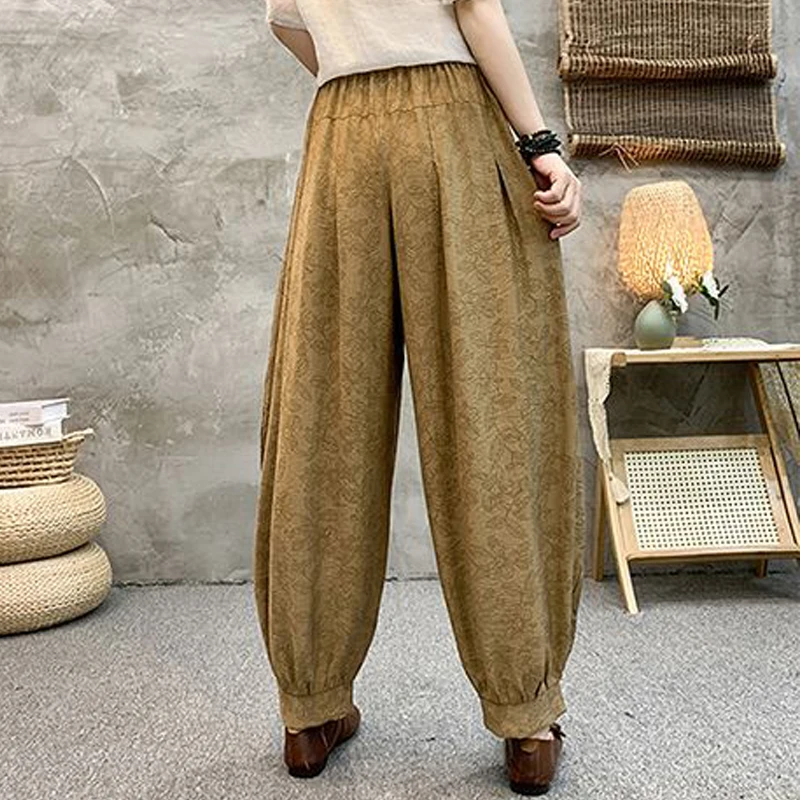 Women Clothing Summer Vintage Ethnic Style Ice Silk Linen Baggy Harem Pants Female Casual Elastic High Waist Oversized Trousers