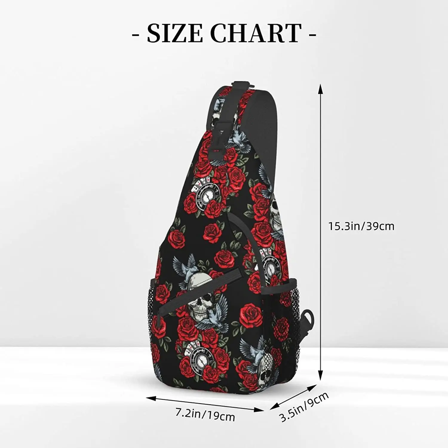 Sling Bag Skull Bird Red Rose Gothic Hiking Daypack Crossbody Shoulder Backpack Travel Chest Pack for Men Women