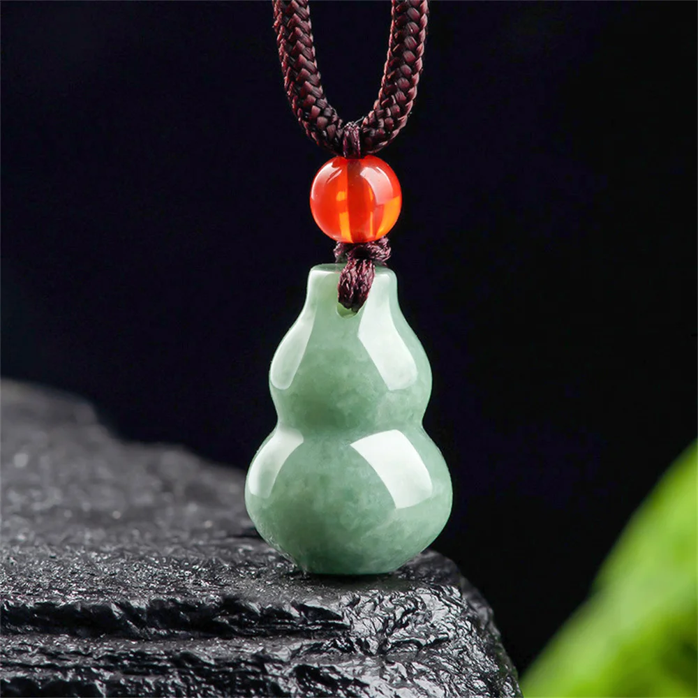 Natural Ice Green Jadeite Carved Simple Cucurbit Style Lucky Pendant Amulet Necklace Certificate Trendy Woman Man's Gift Jewelry