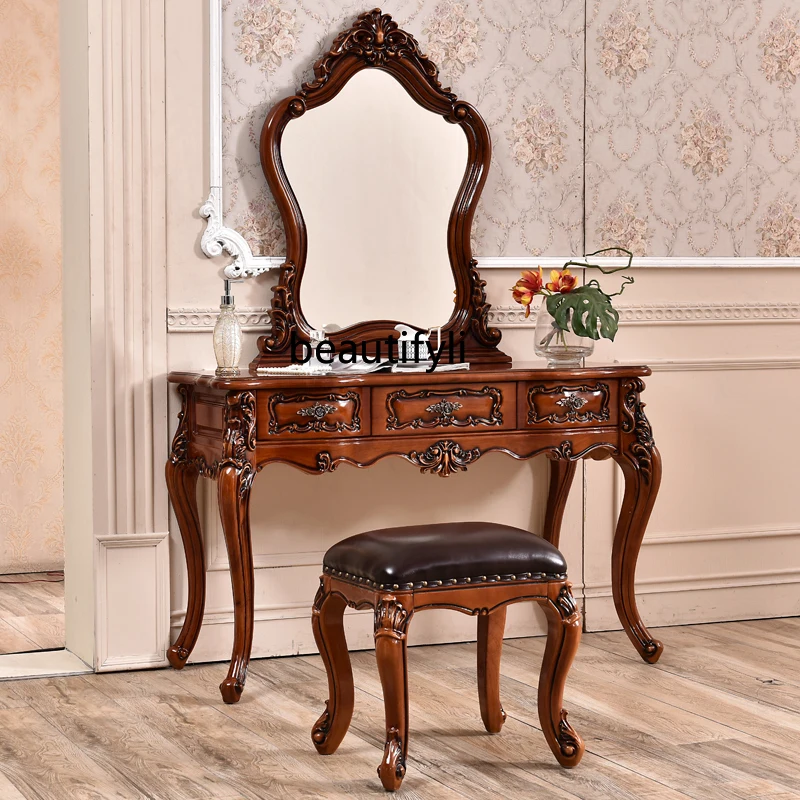 

New European dresser solid wood makeup stool simple curved makeup table paint high-end bedroom furniture