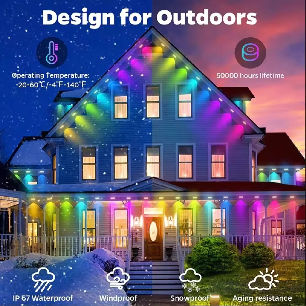  RGBIC Permanent Outdoor Lights PRO IP67 Waterproof LED Eave Lights Bluetooth APP Remote Control Music Sync DIY Scene Outdoor House Roof Christmas Decor String Lights