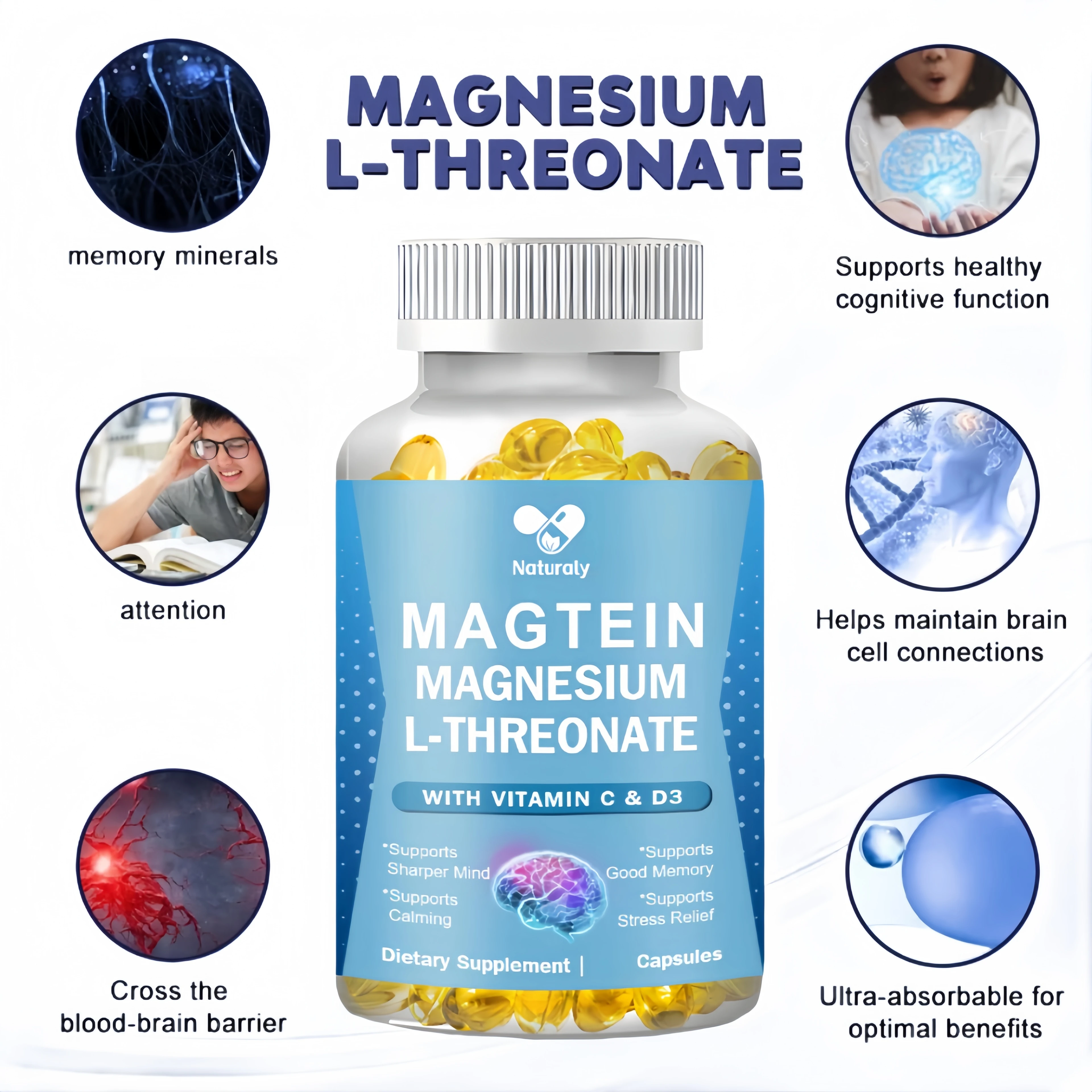 Magnesium L-Threonate (Magtein) - Boosts Brain Health, Memory & Focus, Sleep & Recovery, Reduces Fatigue 120 Capsules