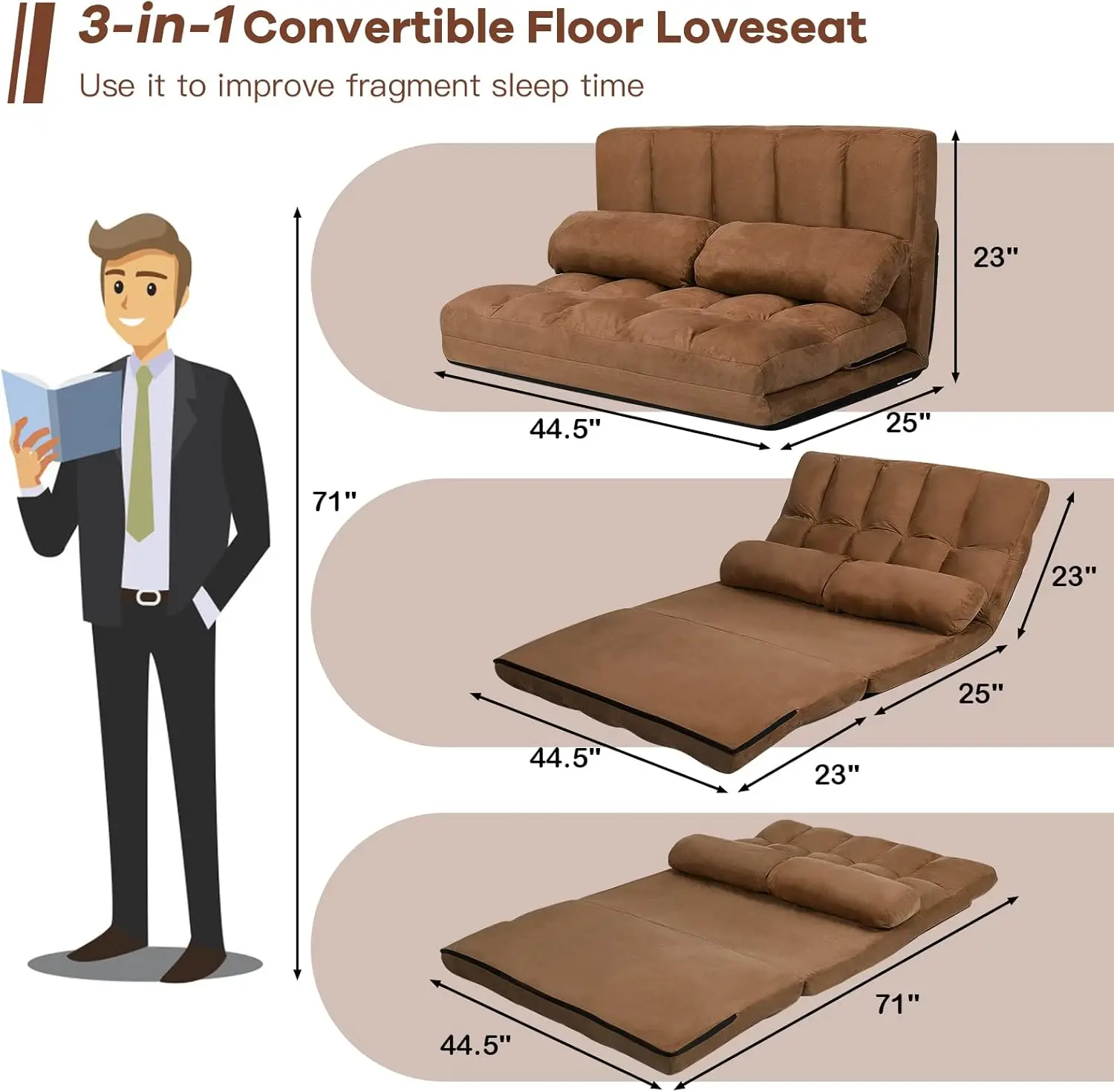 Adjustable Floor Sofa Bed, Foldable Lazy Sofa Sleeper Bed with 6 Position Backrest & 2 Pillows, Convertible Futon Couch Bed