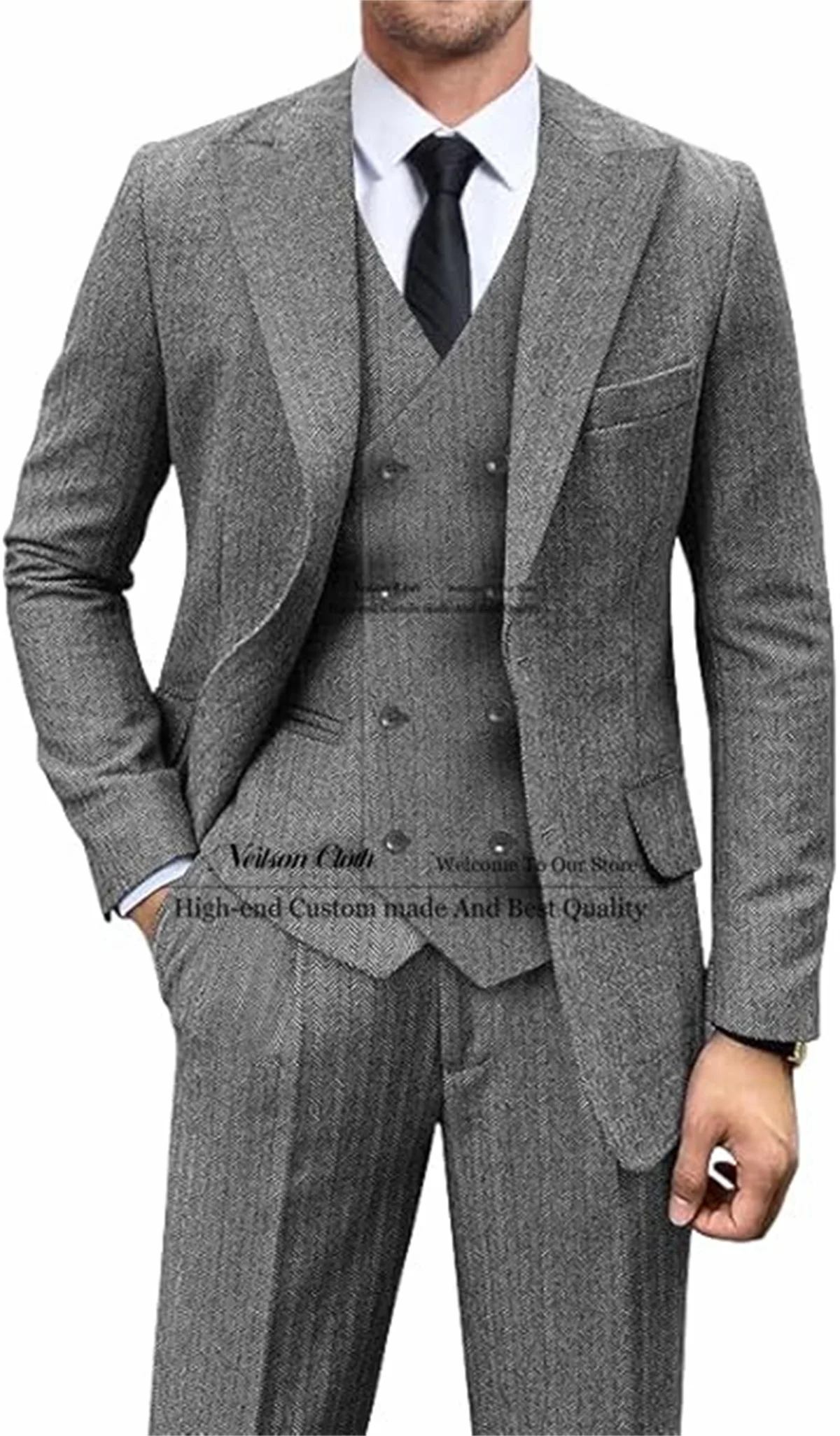 

Formal Grey Male Prom Blazers 3 Pcs Sets Peaked Lapel Groom Wedding Tuxedos Herringbone Slim Fit Customized Costume Homme