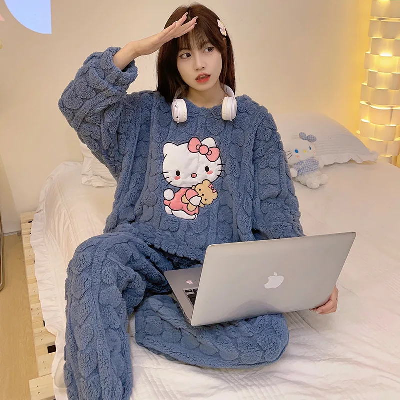 Hello Kittys Plush Pajamas Set Woman Kawaii Crew Neck Anime Cartoon Autumn Winter Flannel Plus Size Warm Home Wear Nightgown Set