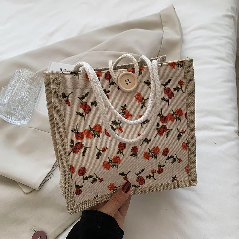 Fashion Retro Flower Pattern Linen Handbag Women\'S Large-Capacity Shopper Tote Travel Grocery Storage Bag Gift Packing Bag 1pcs