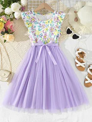 Summer Dress For Big girl Flower Dress Ruffle Splice Gauze Sleeveless Dress One Piece Princess Dress Purple