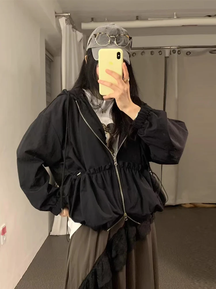 Chic automne nouveau rétro Dstring grand ket Design fermeture éclair à capuche longue Sve Jaet vêtements d'extérieur pour femmes décontracté trajet Sle