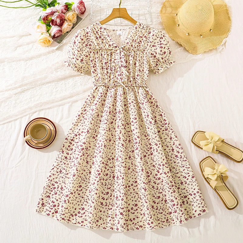 Girls 8-12 Fashion Dress, Ditsy Floral Short Sleeve Elastic Waist A-Line Midi Dress, Cute and Versatile for School Daily