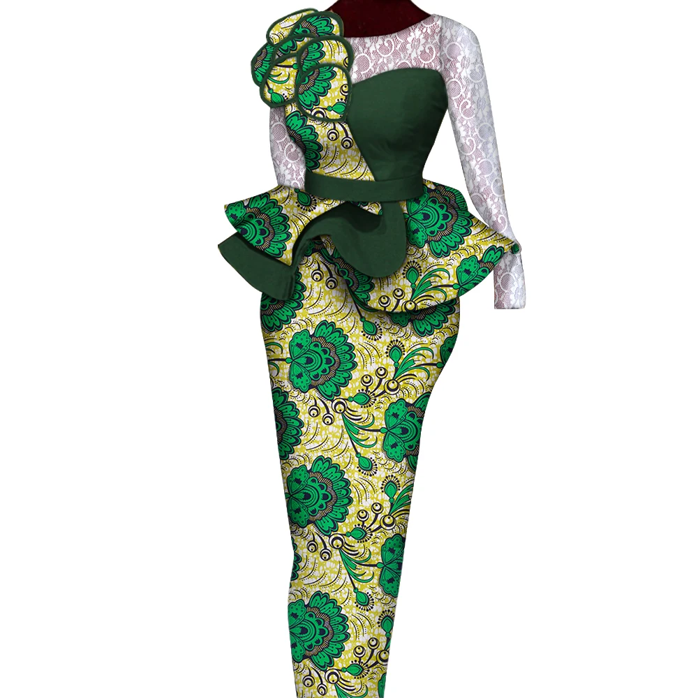 Conjuntos de falda africana, traje de mujer, faldas y Tops largos y rectos con decoración de encaje, ropa tradicional africana Bazin Riche WY6195
