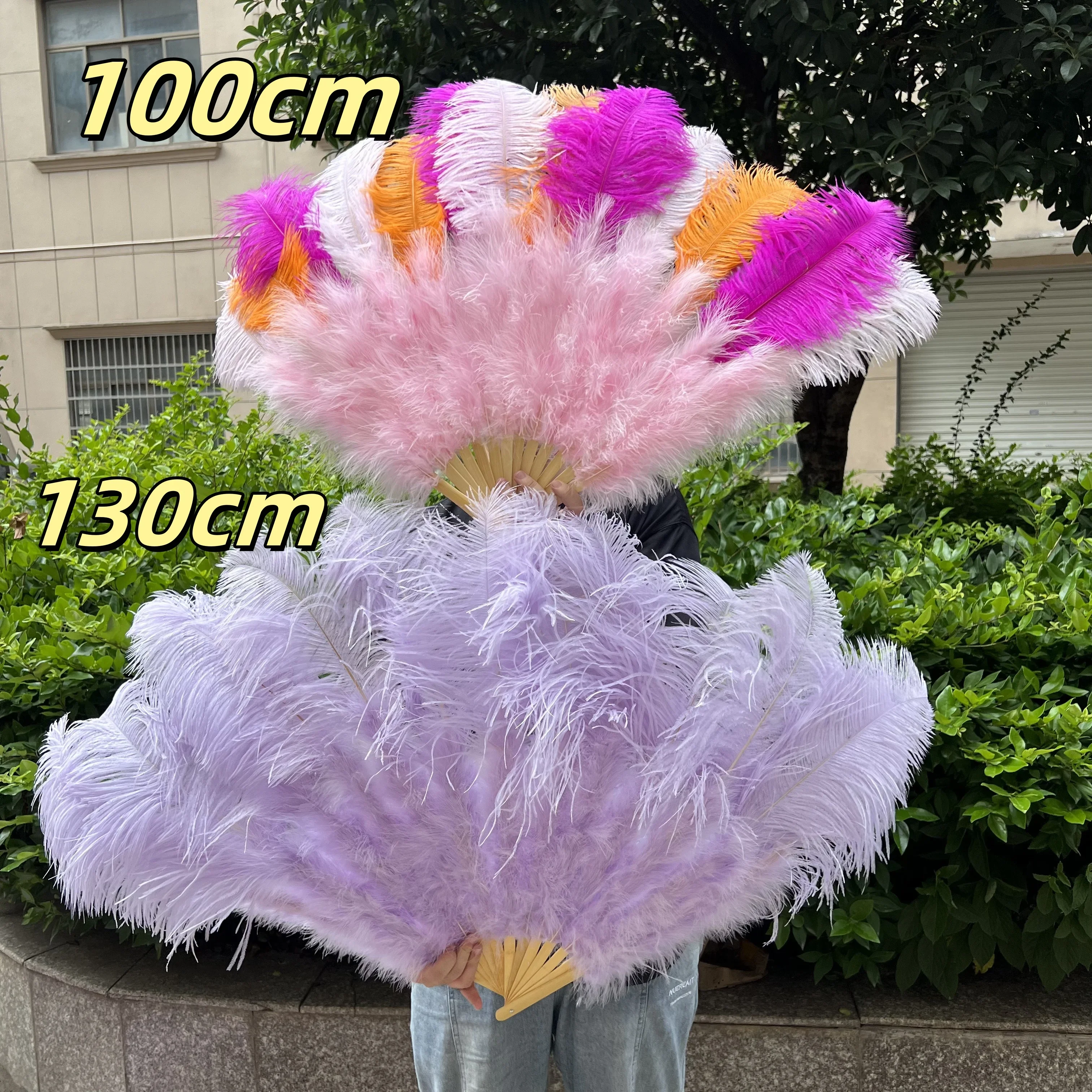 

100/130CM White Ostrich Feather fan 13 Bone Natural Bamboo Wedding Handheld Fan for Dance Carnival Party Decor Accessories