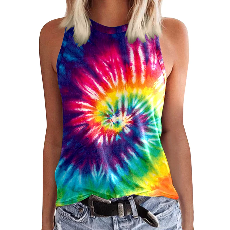 Fashion Tie Dye 3D Print Tank Top Summer Women Streetwear Y2k Tops Oversized O-Neck Vest Off Shoulder Sleeveless Woman Camisole