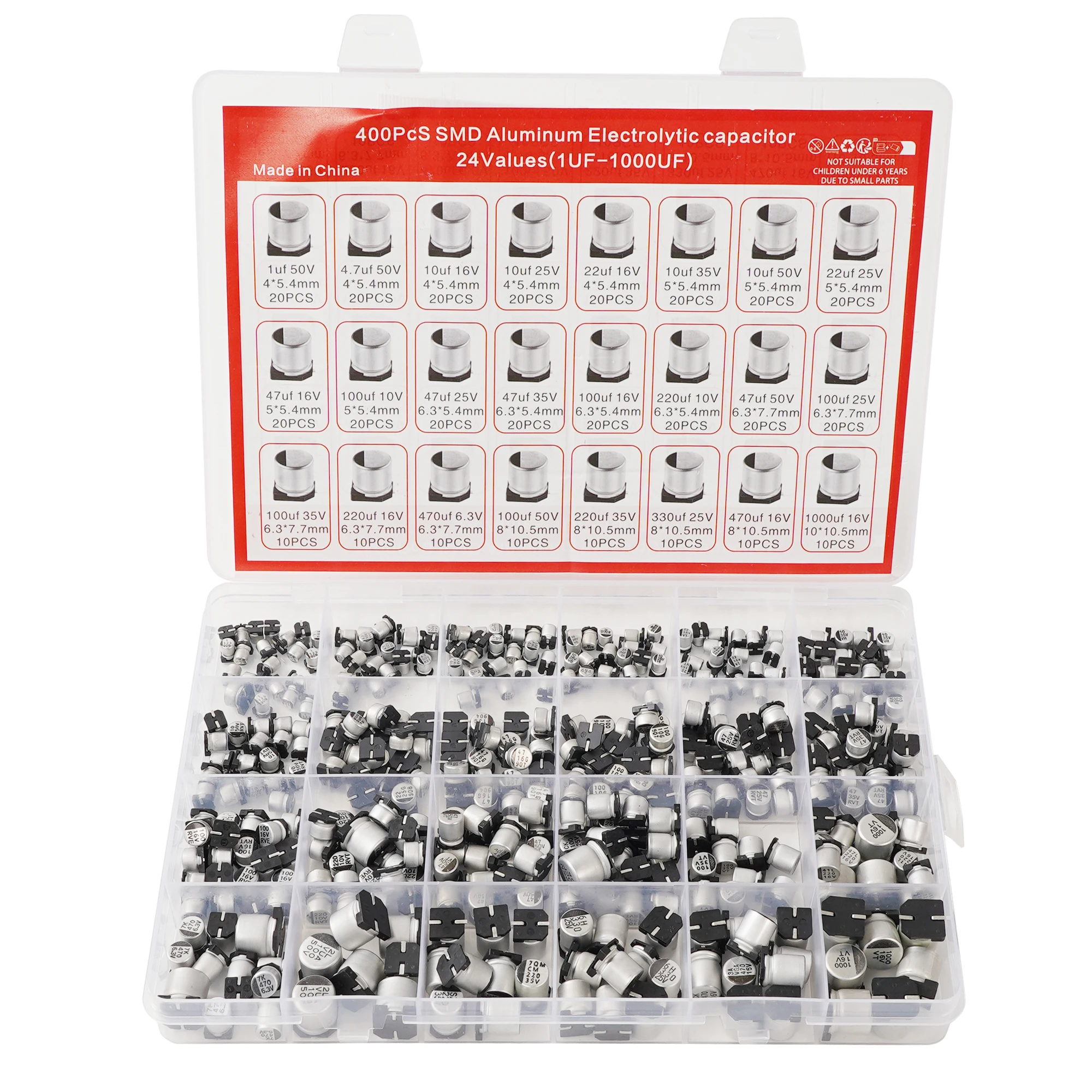 400 piezas de 24 especificaciones 1uF -1000uF SMD kit de caja de condensador electrolítico de aluminio de montaje en superficie (SMT)