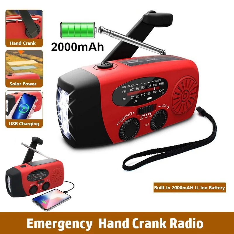 2000mAh Portable Emergency Solar Hand Crank Radio FM AM Weather USB Charging LED Flashlight Power Bank Tactical Outdoor Travel