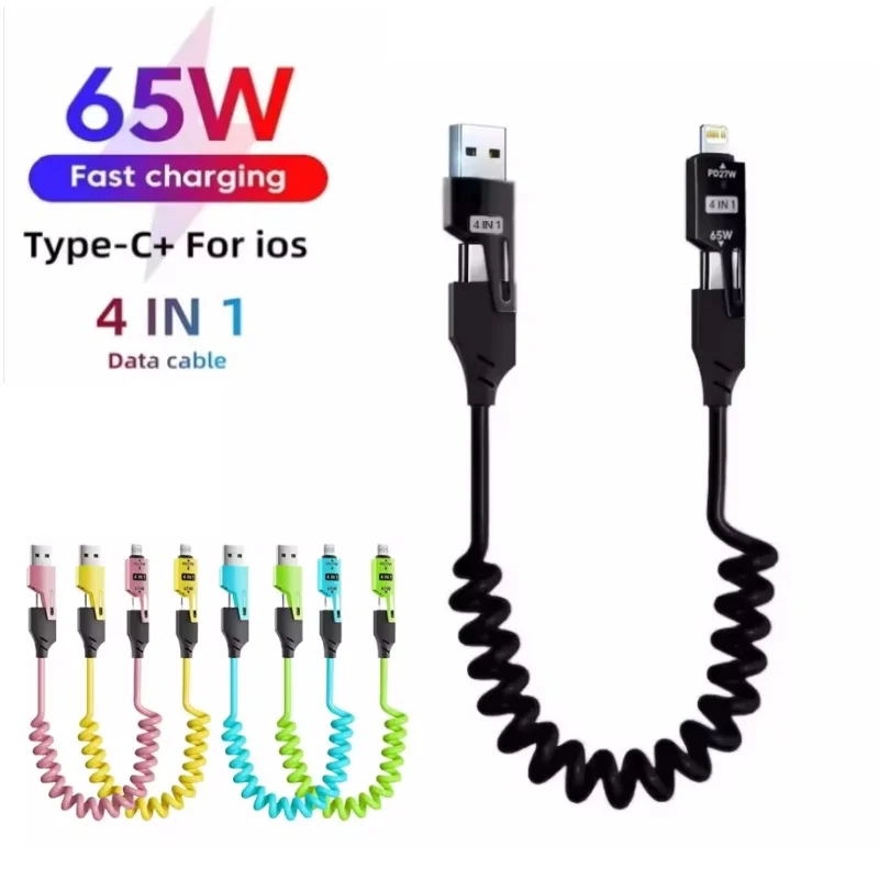 4 in 1 65W Spring Short Data Cable 6A USB Type C Spring Telescopic Quick Charger Wire Spring USB Cable for iPhone 15 14 13 12