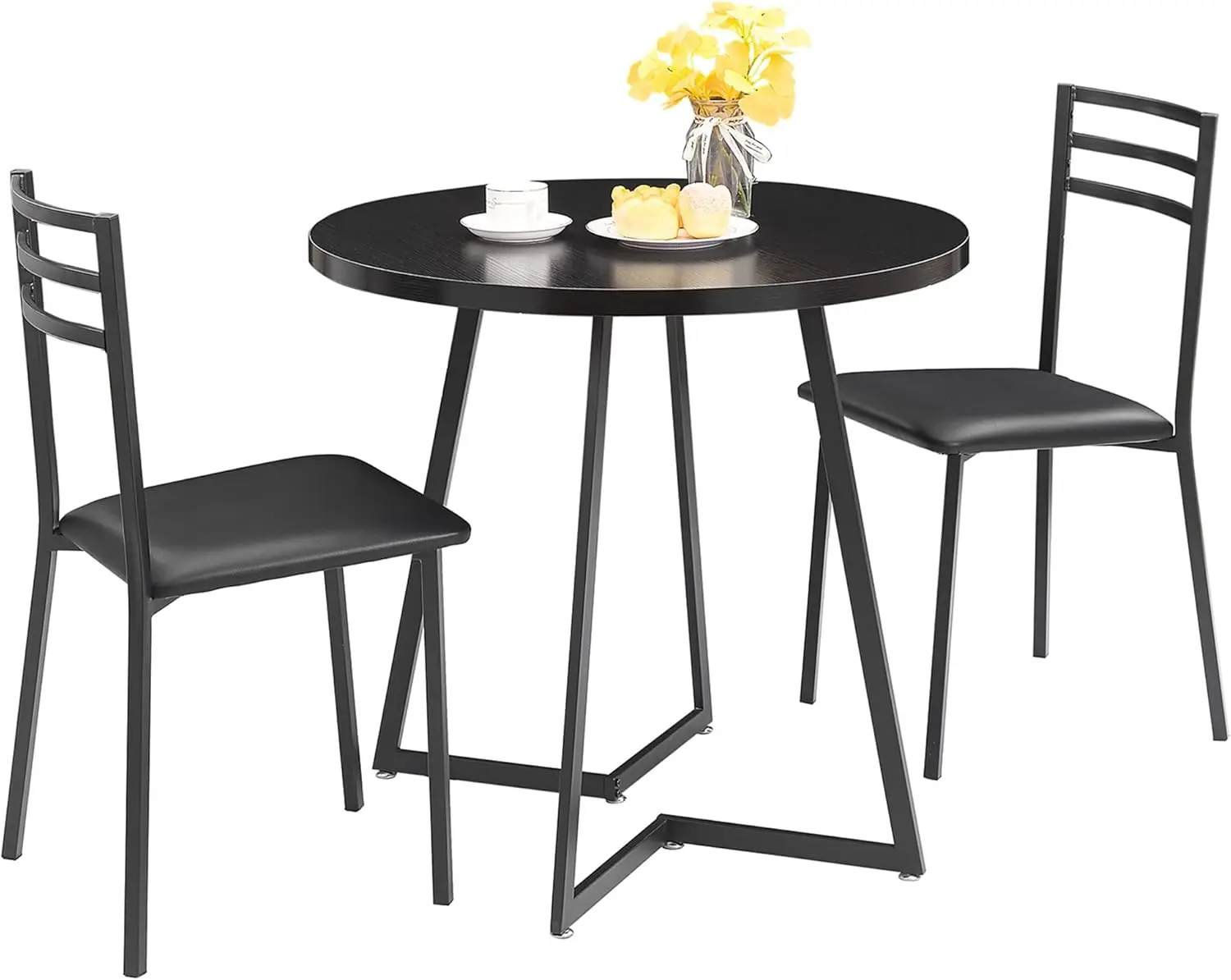 

3 Piece Kitchen Dining Room Set, Wood Round Table for Breakfast Nook Small Space, Dinette with 2 Cushioned Chairs