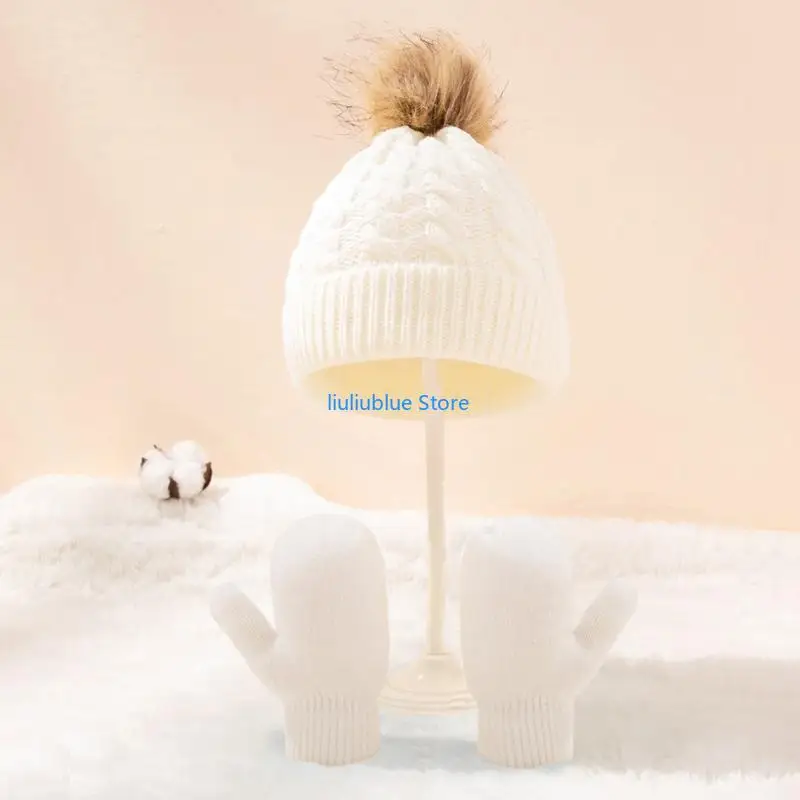 الشتاء الدافئة الطفل بلون قبعة قفازات مجموعة الفراء الكرة بيني قبعة القفاز عدة الأطفال الفتيات الفتيان محبوك هيمينغ قبعة 62CF #4