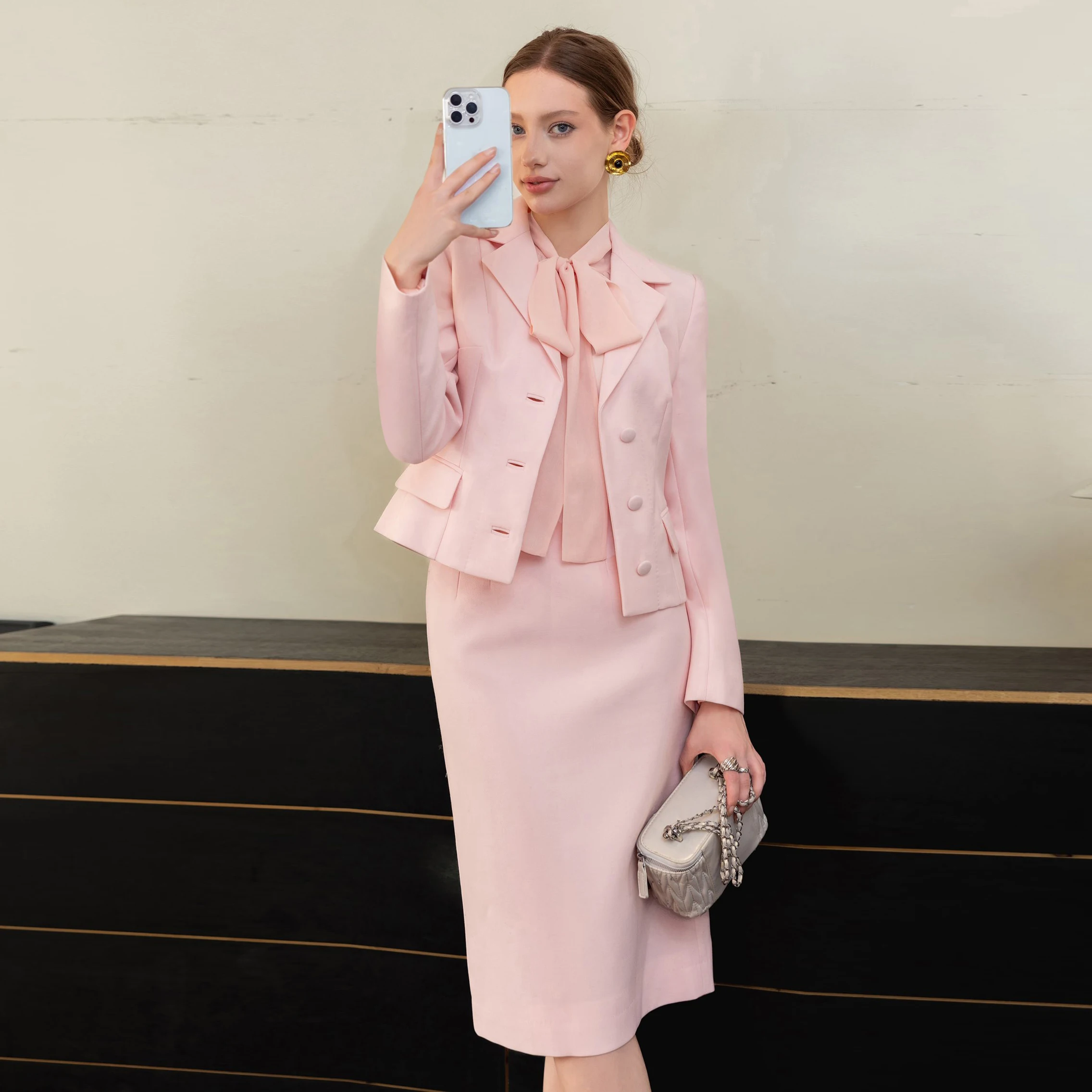 

Осенне-зимний шерстяной костюм: пиджак с завышенной талией, топ и юбка телесного розового цвета, комплект во французском стиле для женщин