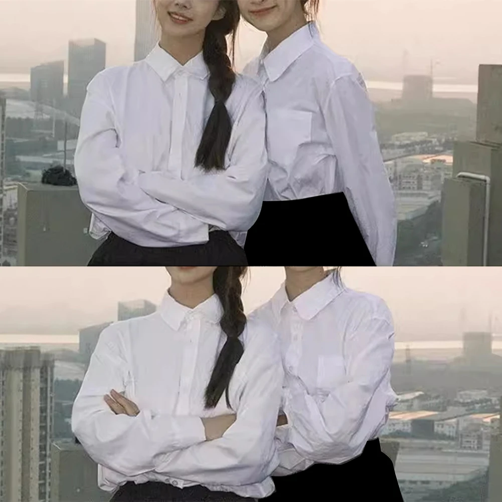 새로운 학생 블라우스 JK 유니폼 S-3XL 단색 흰색 1개 라펠 긴팔 비신축성 폴리에스터 여학생