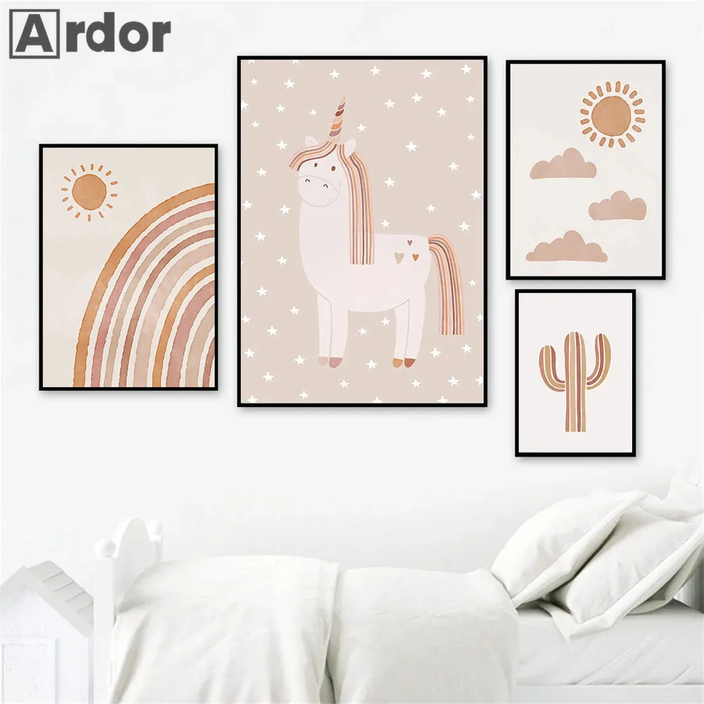 Póster Artístico de pared de arco iris, corazón de sol, Cactus, oso, Alpaca, pinturas en lienzo, impresión de guardería, carteles de unicornio,