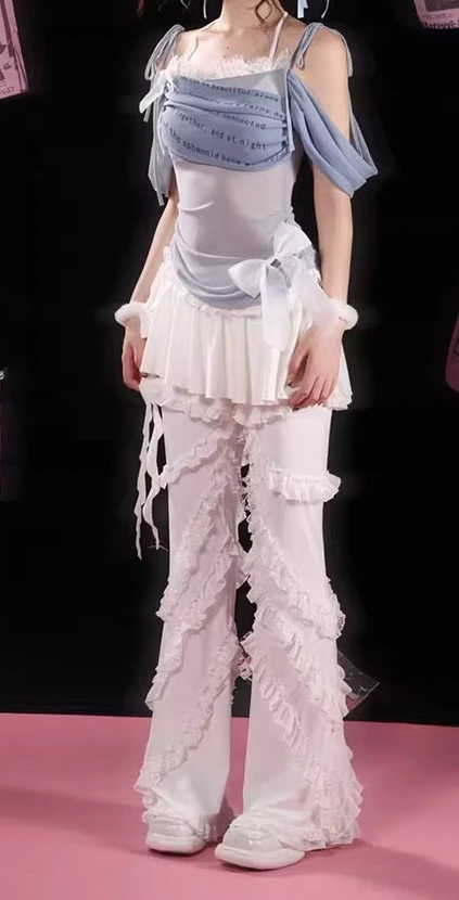 New White Ballet Style Sweet Lace Elegant Lace Trousers Personalized Girls Versatile Age-reducing Fashion Apron Street Pants