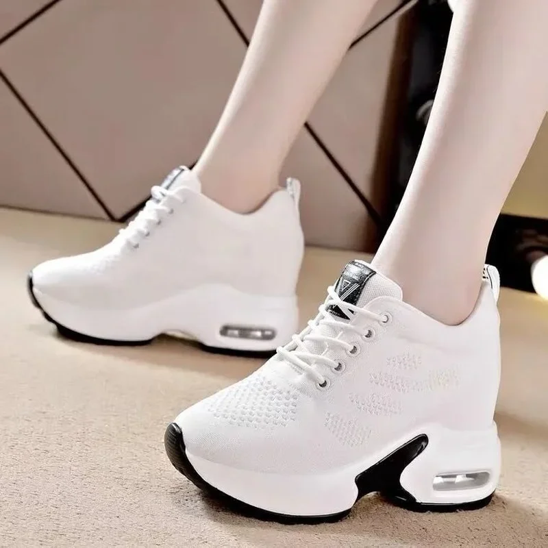 Women\'s Wedge Heel Platform Sneakers Platform Air Cushion Casual Inner Heightening Mesh Breathable White Sports Walking Shoes