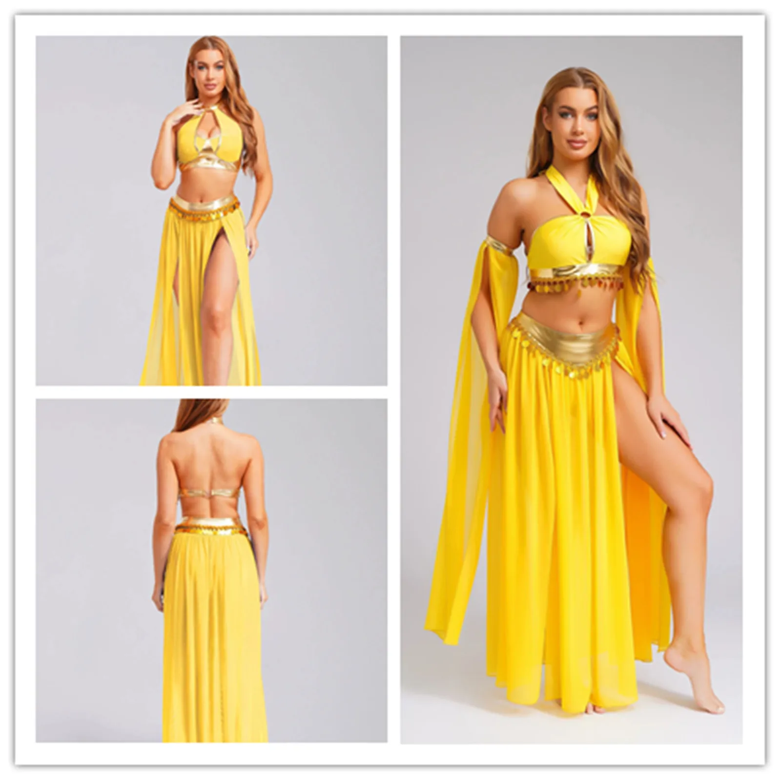 

Womens Metallic Oriental Indian Gypsy Belly Dance Outfits Ancient Rome Egyptian Dresses Crop Top Split Mesh Sequin Tassel Skirt