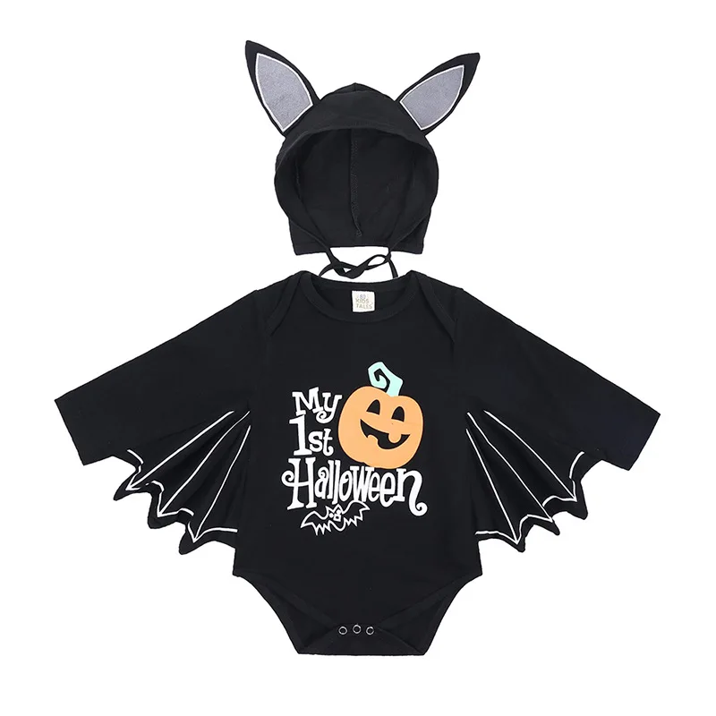 Halloween Baby Jumpsuit Pumpkin Head Skull Bones Infant Costume Bat Romper Long Sleeve Round Neck Button Suit 2Pcs Clothes Set