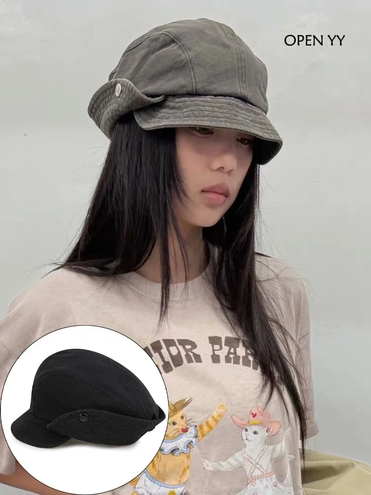 retro-workwear-style-beret-hat-turn-down-cuff-newsboy-cap-spring-new-arrival-youth-unisex-geometric-color-block-design