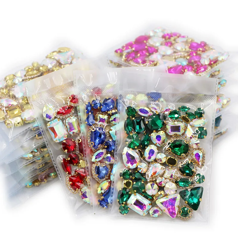 50pcs/Bag Shiny ABcolor/21Color Mixed Shape Sew on Glass Rhinestone Crystal Buckle Diy Wedding Decoration Clothes/Shoe/Dress