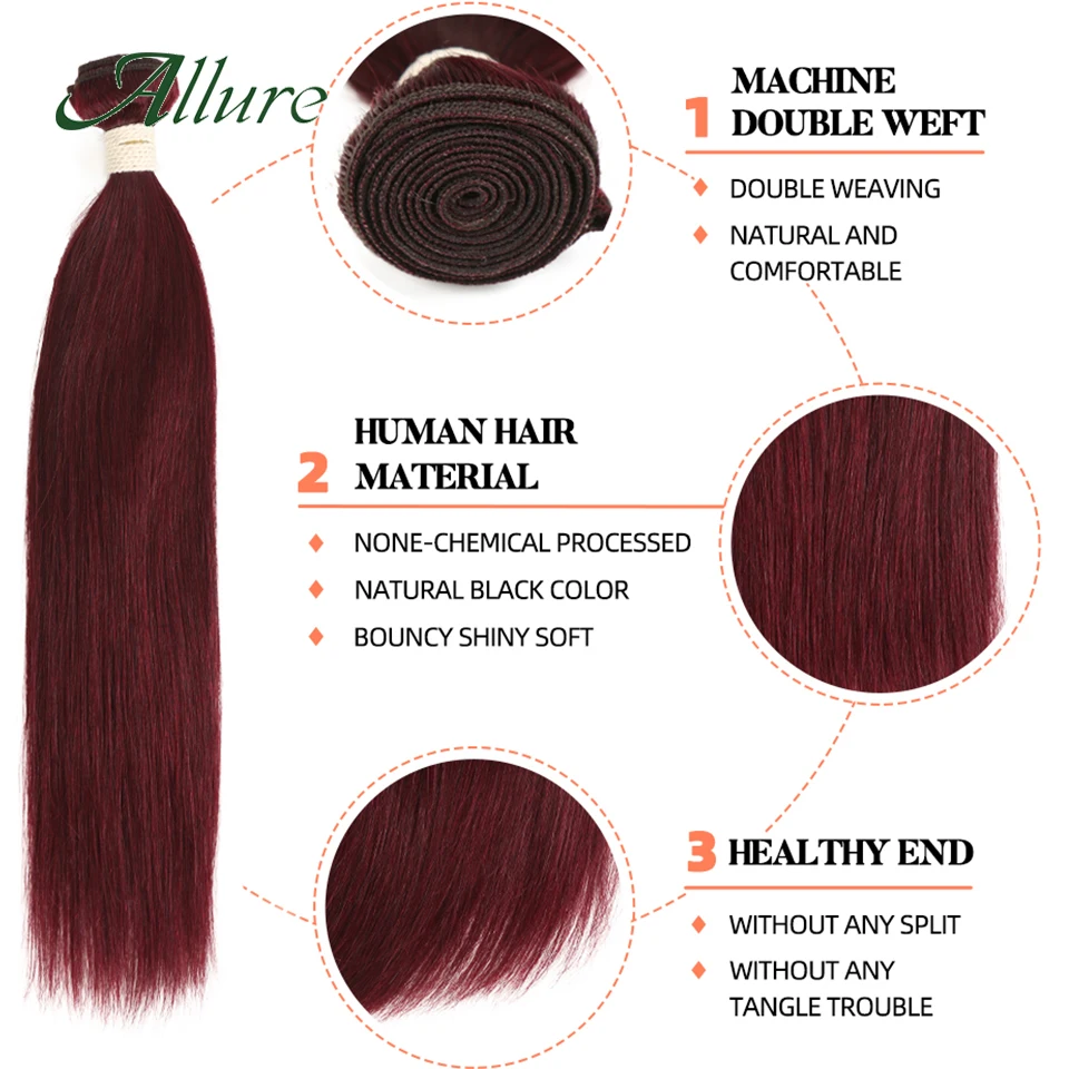 Extensiones de cabello humano liso 99J, mechones de cabello humano rojo vino, 12A, Remy, 1/3 piezas, Allure