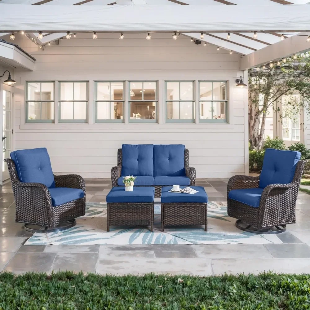 

5Piece Outdoor Patio Furniture Set,Swivel Rocker Chairs with Loveseat Sofa and 2Ottomans,Wicker Furniture Patio Conversation Set