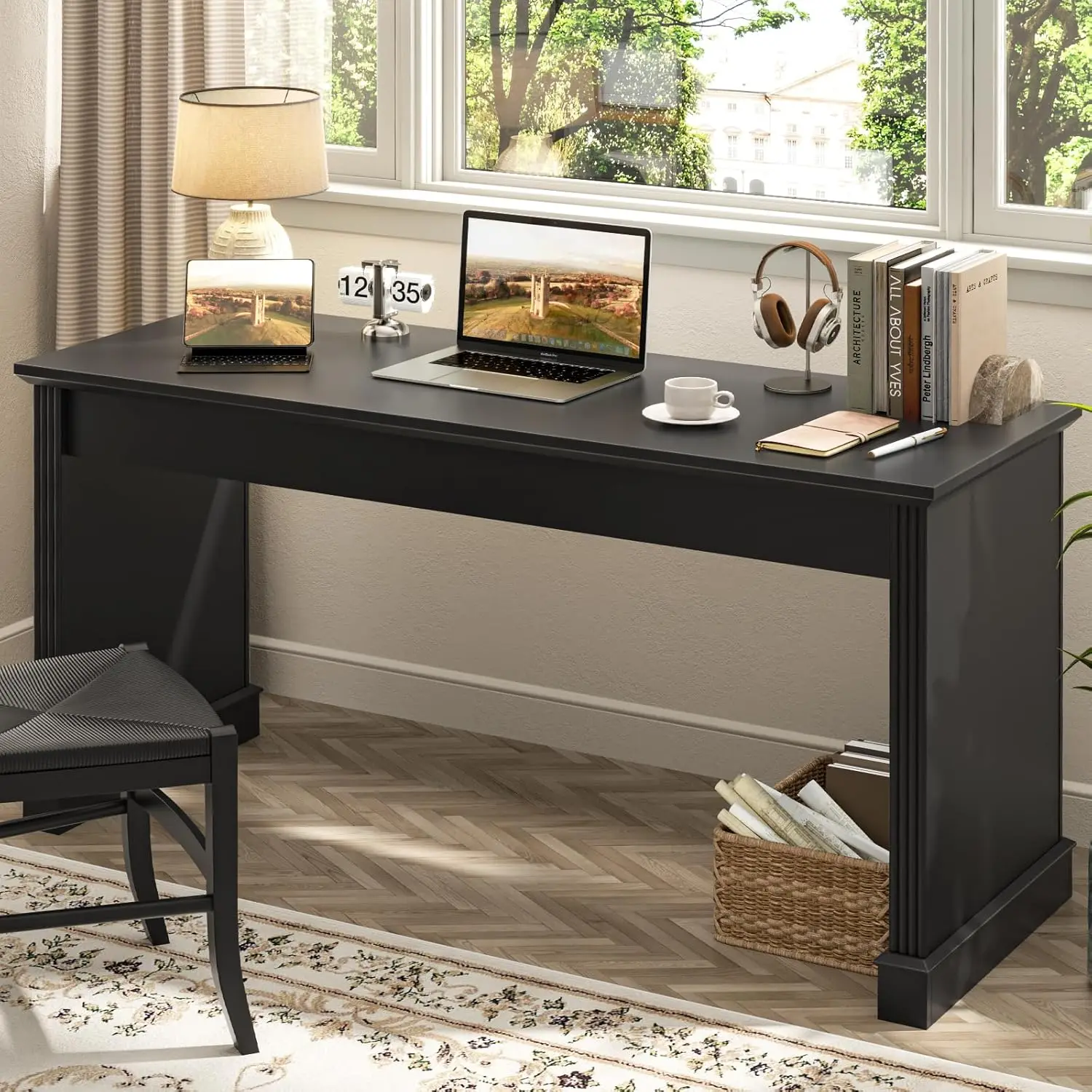 

Farmhouse 59" Executive Simple Sturdy Computer Desk,Spacious Workstation for Home Office, Remote Work & Study,Pure Black