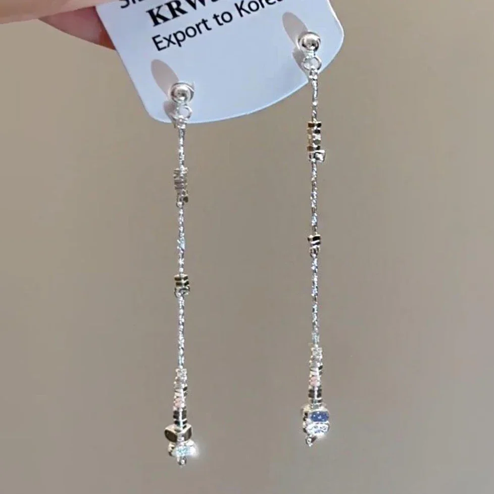 

PONYKISS Silver Color Bead Geometric Tassel Pendant Stud Earrings for Women Minimalist Trendy Fashion Jewelry Accessories