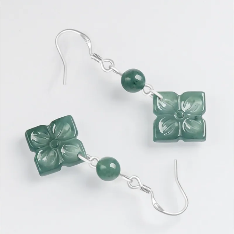 Genuine Natural Burmese Blue Emerald Clover Earring Hand-carved Fashion Charm Jewelry Accessories Luxury Amulet Gifts for Women